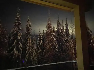a painting of a forest of christmas trees at Cozy Modern Ski-in & Ski-out, Hot Tub, Townhouse in Sun Peaks