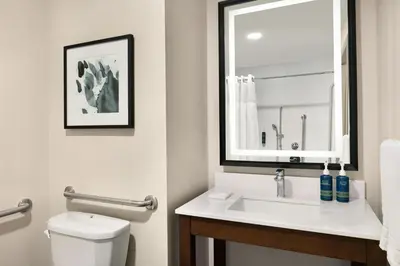 a bathroom with a sink and a toilet and a mirror at Four Points by Sheraton Penticton at the Convention Centre in Penticton