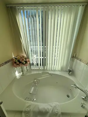 a bath tub in a bathroom with a window at Penthouses of Beach Ave in Vancouver