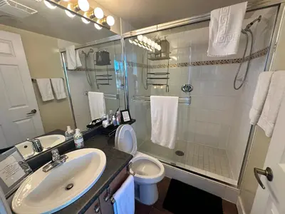 a bathroom with a sink and a shower and a toilet at Penthouses of Beach Ave in Vancouver